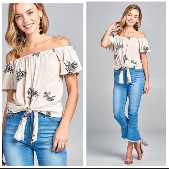 Boutique Tops - Nwt Cream Embroidered Off Shoulder Tie Top